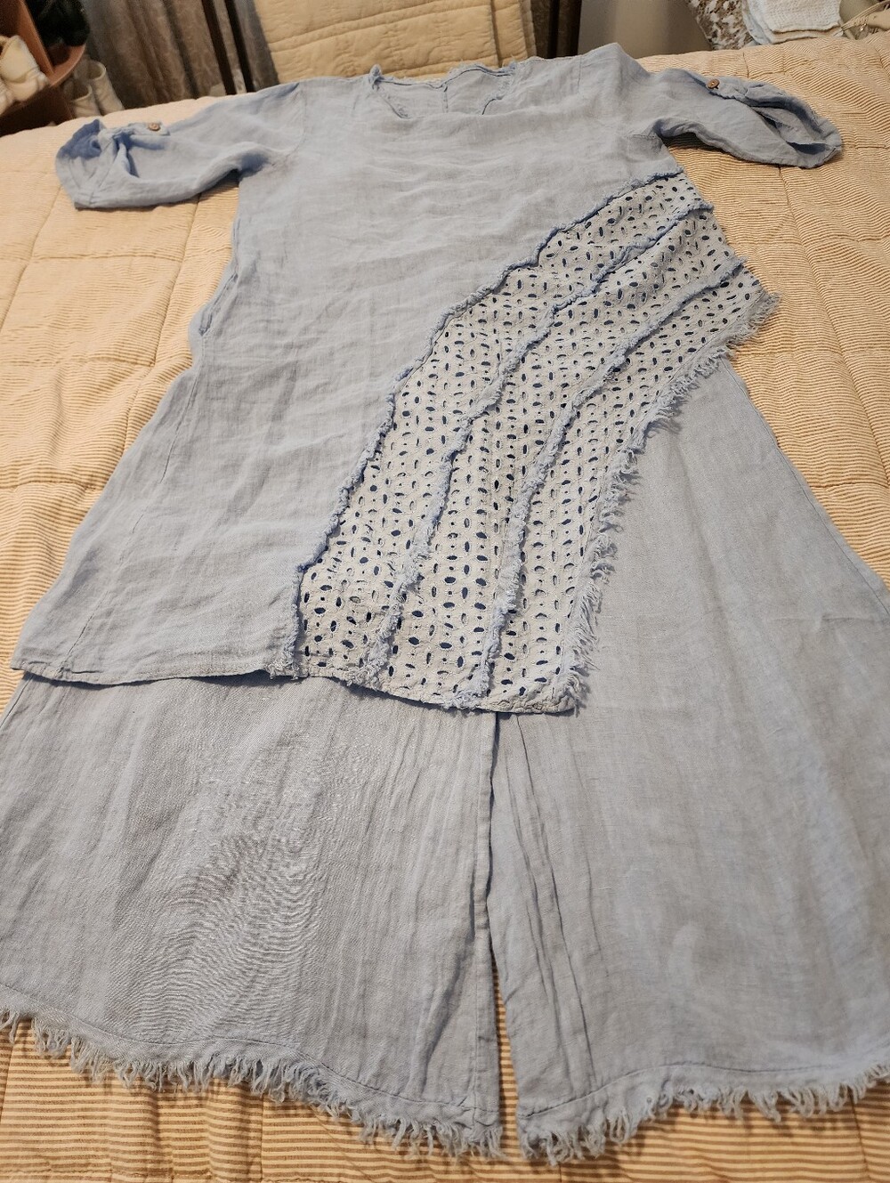 Light Blue 2Pc Pant Set 100% Italian Linen Tunic Eyelet Trim L/XL NEW Luxurywear